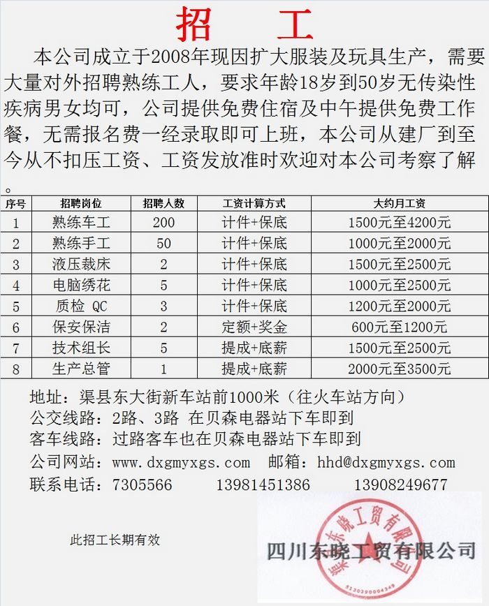 招聘招工（制衣厂、毛绒玩具厂）