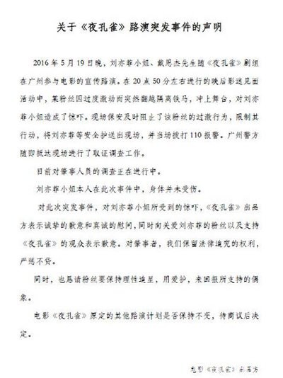 刘亦菲宣传电影被男子扑飞 律师称可处拘留(图)